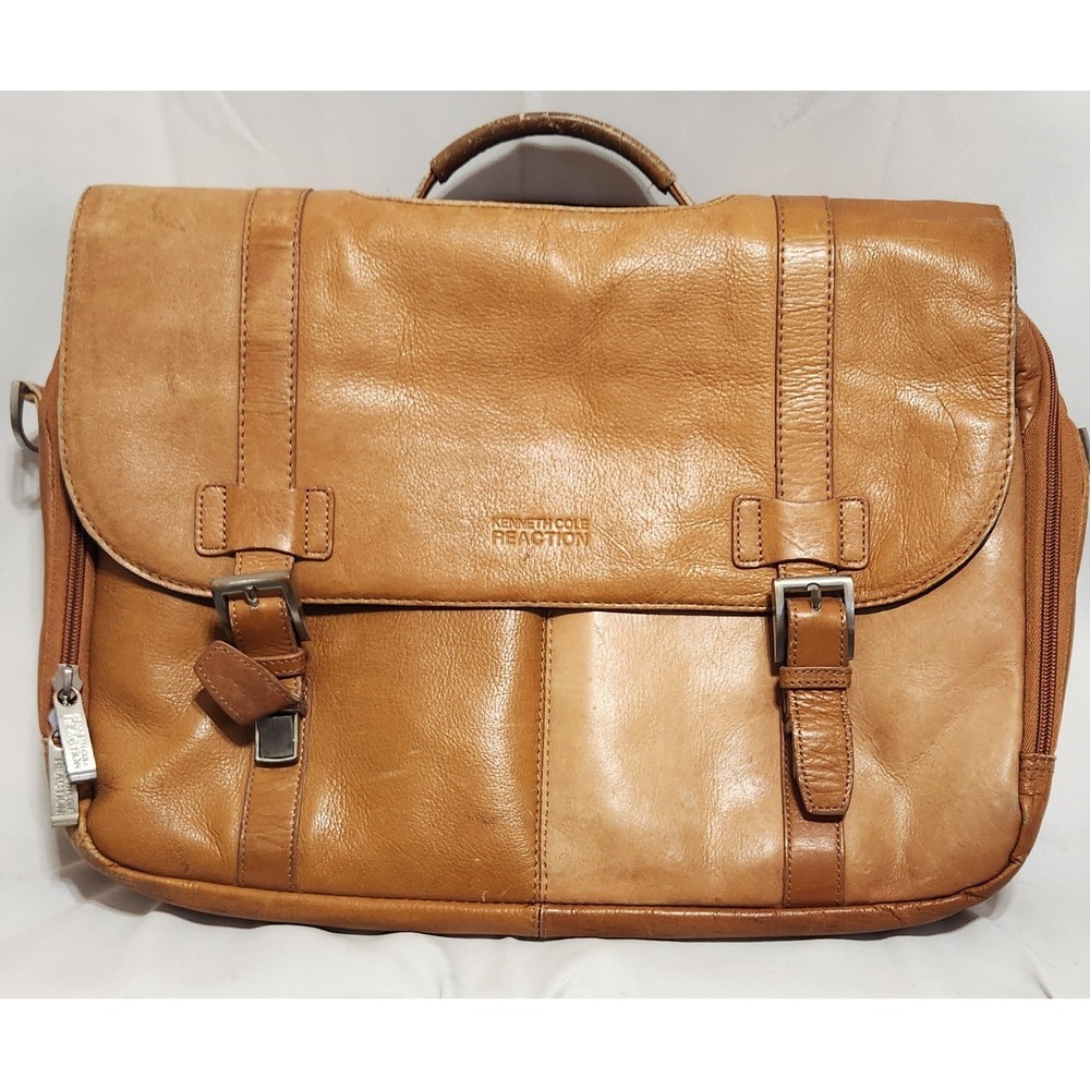 Kenneth Cole Reaction Tan‎ Leather Messenger Bag Laptop Briefcase Satchel